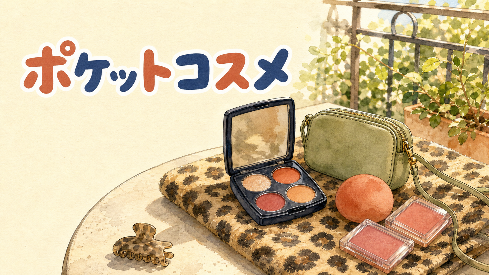 ヒョウ柄のタオルに置かれたミニメイクキットとミニバッグ