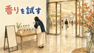 百貨店1階の入口近くに置かれた香水のカウンターを、通路をはさんで引きで見た水彩の情景