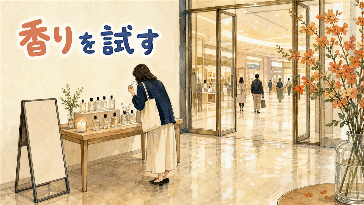 百貨店1階の入口近くに置かれた香水のカウンターを、通路をはさんで引きで見た水彩の情景