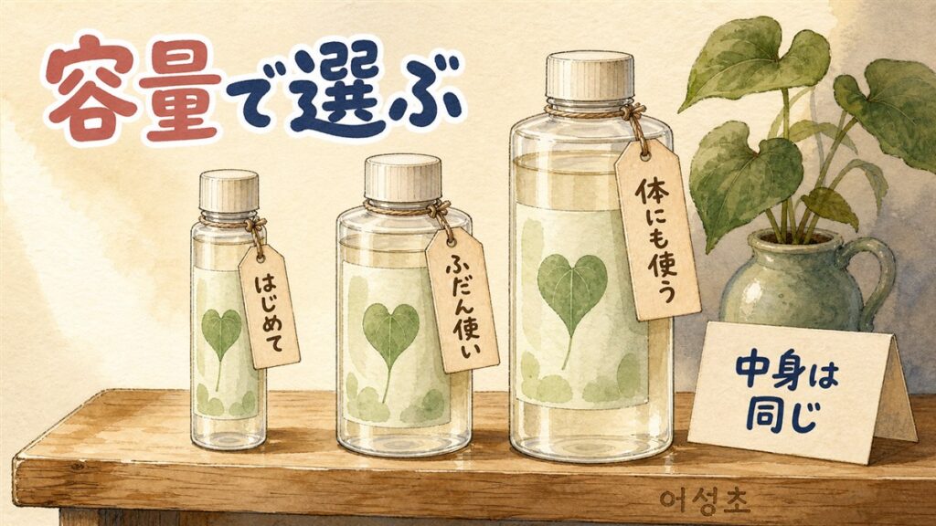 木の棚にドクダミ配合トナーが容量違いで3本並び、はじめて・ふだん使い・体にも使うという選び方の札が下がっている様子
