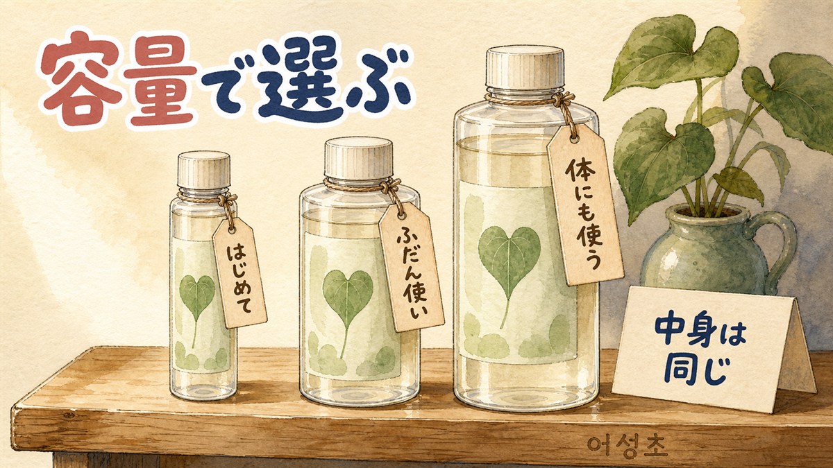 木の棚にドクダミ配合トナーが容量違いで3本並び、はじめて・ふだん使い・体にも使うという選び方の札が下がっている様子