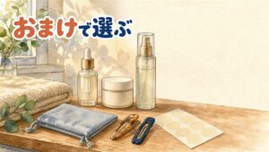 洗面台の棚に並ぶ美容液・クリーム・ミストの3本と、手前に置かれた青いポーチ・ヘアピン2本・丸いシールの台紙