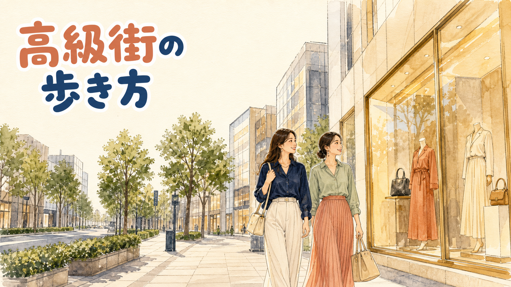 狎鴎亭・清潭洞のブランド旗艦店が並ぶ通りを歩く人々のイラスト