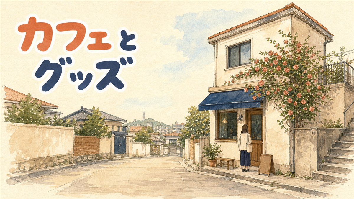 つる薔薇のある2階建てのカフェの前に立つ人を、静かな路地から引きで見た水彩の情景