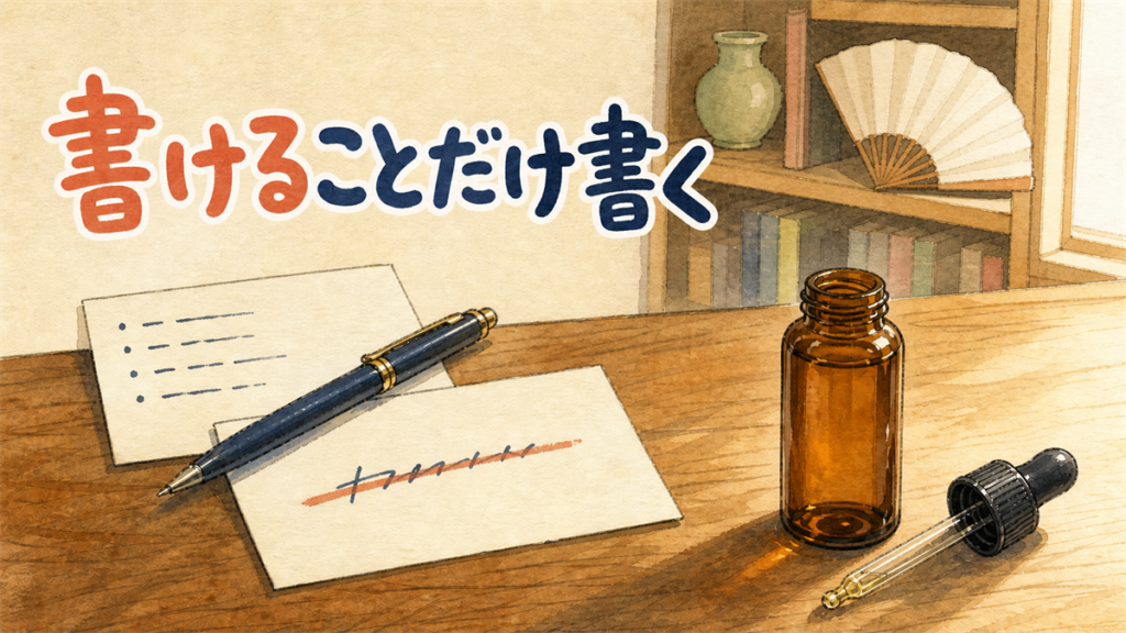 机の上の美容液の瓶と、手書きの成分カード。1行が線で消されているイラスト