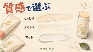 日焼け止めの塗り跡が3種類並び、上からしっとり・さらさら・マットとテクスチャの違いが描き分けられている様子