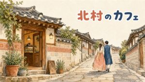 北村韓屋村の坂道に建つ韓屋カフェの外観と、路地を歩く観光客の情景