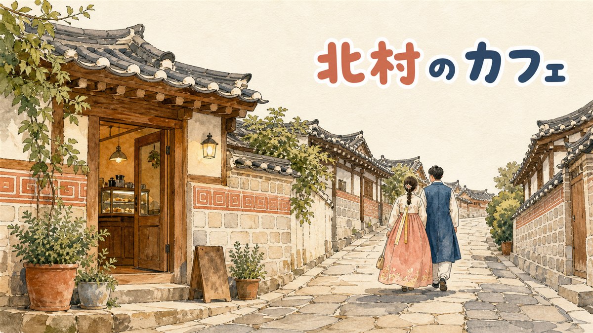 北村韓屋村の坂道に建つ韓屋カフェの外観と、路地を歩く観光客の情景