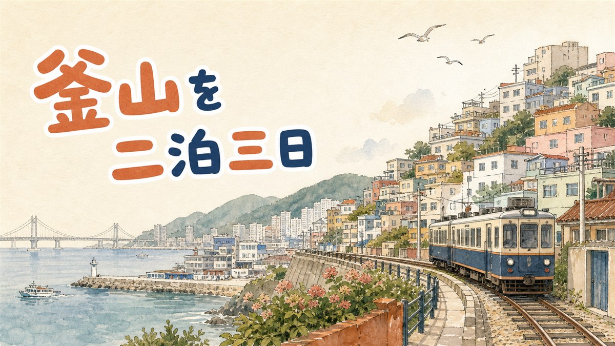 釜山の南浦洞エリアと海雲台エリアを見比べるように描いた、街並みと海辺が両方見える情景のイラスト