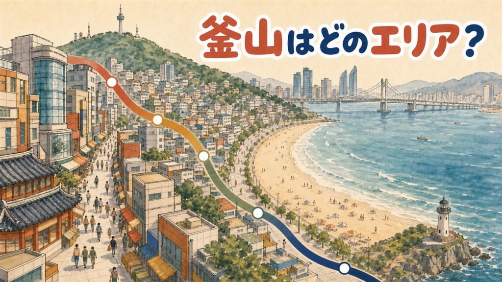 釜山のホテルエリア選びのイメージ。弧を描く砂浜と繁華街を俯瞰し、地下鉄の路線が帯と丸い駅の点で結ばれている
