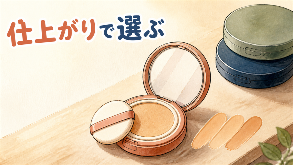 ドレッサーの上で開いたクッションコンパクトと、机に引かれた3本の色の試し塗りのイラスト