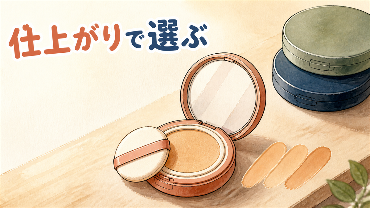 ドレッサーの上で開いたクッションコンパクトと、机に引かれた3本の色の試し塗りのイラスト