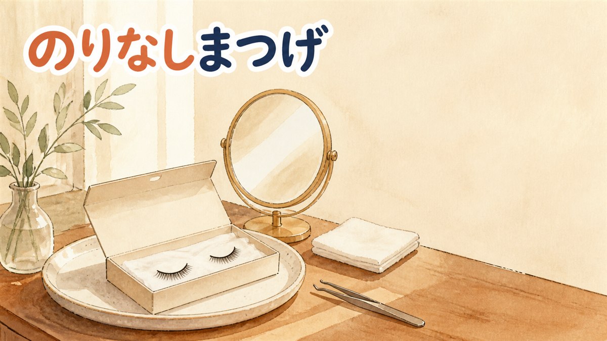 朝の化粧台。丸いトレーの上に、無地の紙箱に入ったつけまつげが開いて置かれ、奥に真鍮の卓上鏡、隣にツイーザーとたたんだコットン