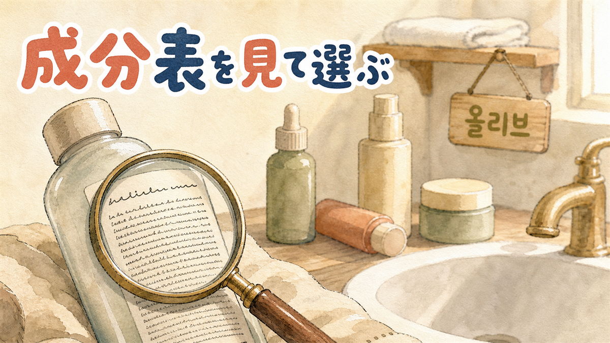 韓国コスメの小瓶を成分表示のラベル側から見ているイラスト。虫めがねで成分表の1行目を拡大している