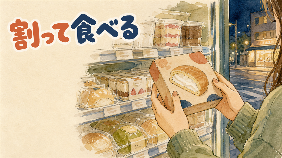 韓国のコンビニでデザートの箱を手に取る様子のイラスト
