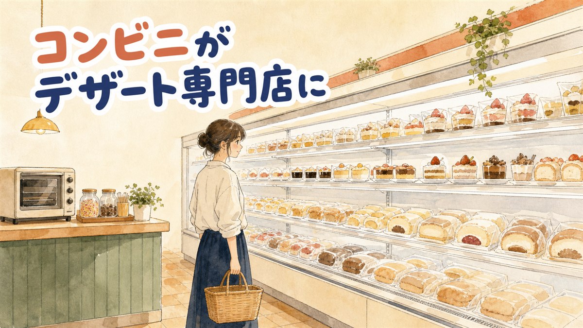 CU聖水デザートパーク店の外観とデザート陳列棚を描いたイラスト