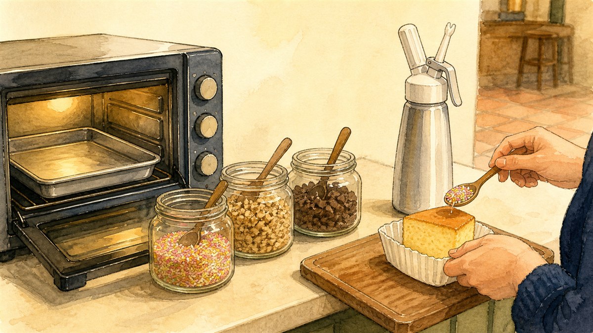 オーブンとトッピングの瓶が並ぶセルフサービスのカウンターで、カットケーキにスプリンクルをかけているところのイラスト