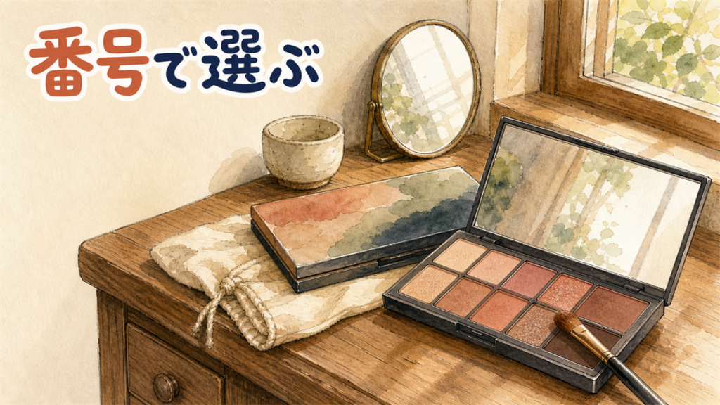 ドレッサーの上で開いたアイシャドウパレットと、その上に置かれた小さなブラシ、奥に立てかけた丸い手鏡のイラスト