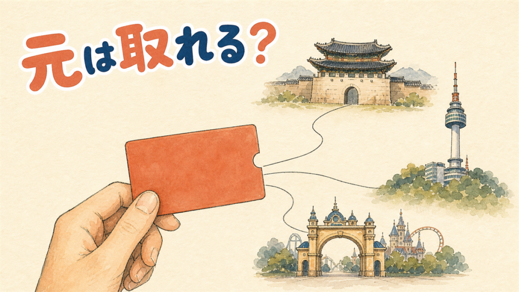 1枚の観光パスから3本の線が伸び、宮の門・展望タワー・テーマパークの入口へつながっているイラスト