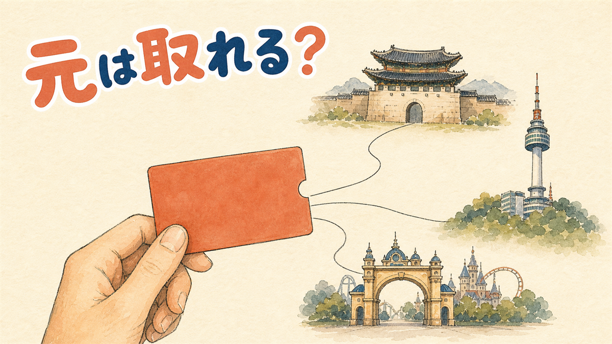 1枚の観光パスから3本の線が伸び、宮の門・展望タワー・テーマパークの入口へつながっているイラスト