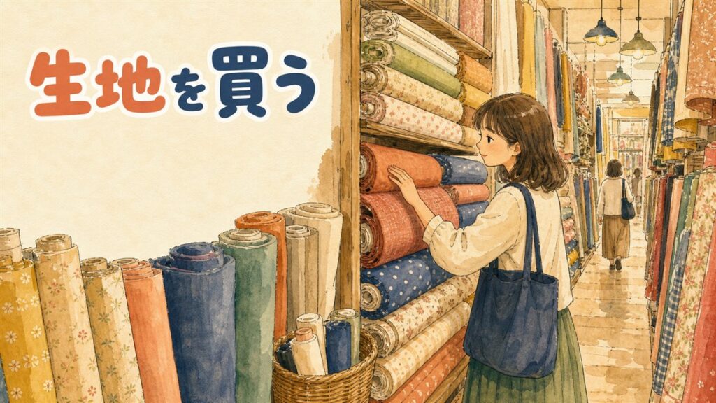 東大門総合市場の問屋街で生地とアクセサリー副資材が並ぶ様子