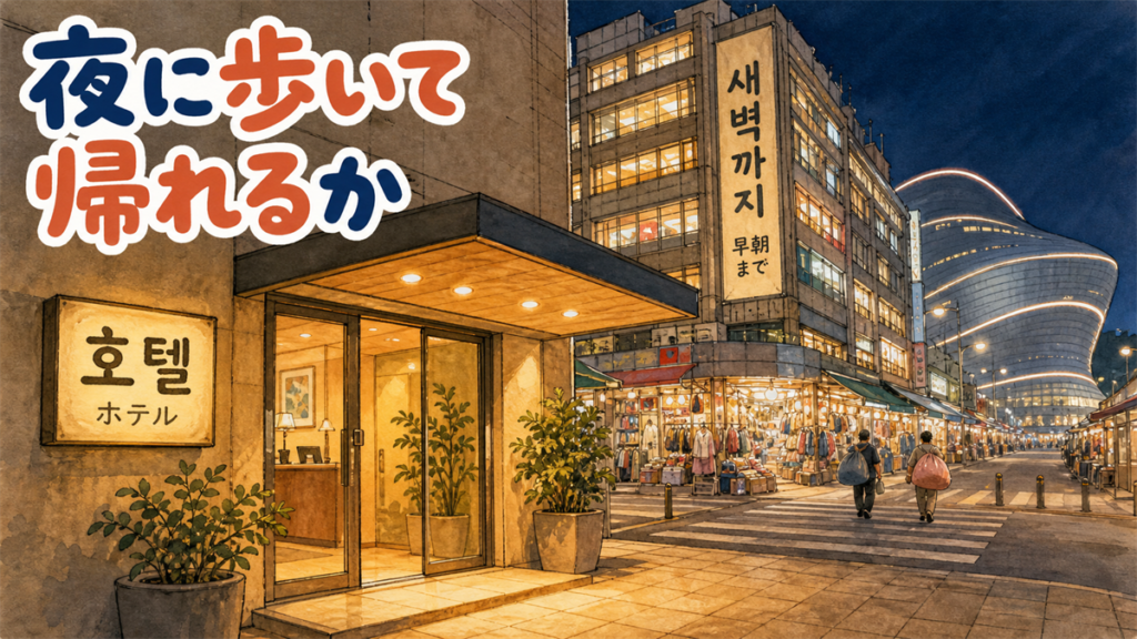 東大門のホテル選びの記事のアイキャッチ。夜の東大門で、手前にホテル入口の暖かい灯り、奥に明かりのついた卸売ビルが見えるイラスト