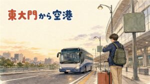 東大門デザインプラザ前でスーツケースを引きながらリムジンバスを待つ旅行者の朝の情景