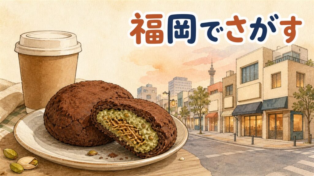皿にのせたドバイもちクッキーとコーヒーカップを手前に、福岡の街並みを背景に描いたイラスト。クッキーの断面にピスタチオとカダイフが見える