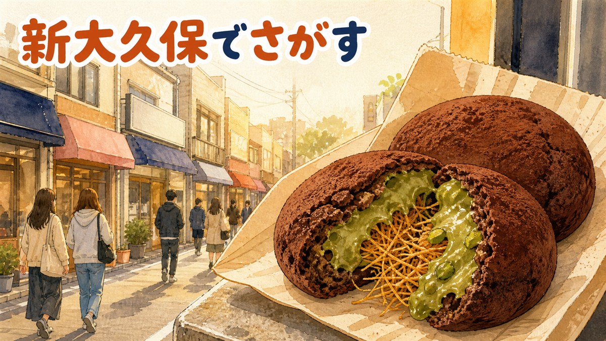 新大久保の商店街を背景に、割れたドバイもちクッキーの断面を大きく描いたイラスト。ココアをまぶした生地の中にピスタチオペーストとカダイフが見える
