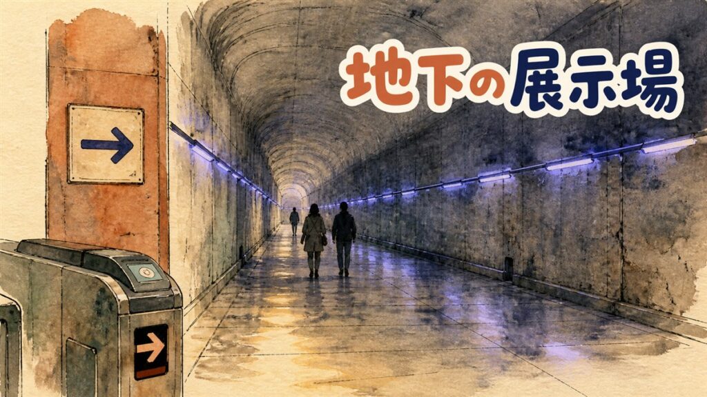 ソウルの地下に広がる長い通路状の展示空間を、来場者が歩きながら見上げている様子