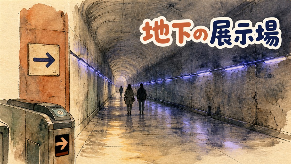 ソウルの地下に広がる長い通路状の展示空間を、来場者が歩きながら見上げている様子