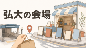 地下鉄の出入口とポップアップショップの外観、無地のスタンド看板が並ぶ弘大の街角のイラスト