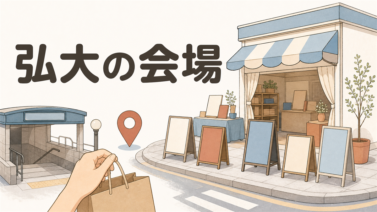 地下鉄の出入口とポップアップショップの外観、無地のスタンド看板が並ぶ弘大の街角のイラスト