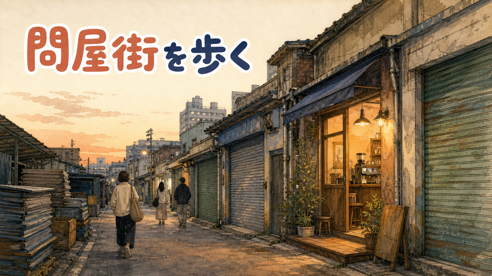 乙支路の狭い路地に、工具店の看板と灯りのついたカフェの窓が同居している情景