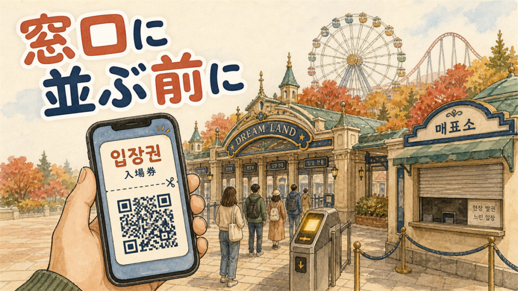エバーランドのチケットの記事のアイキャッチ。入園ゲートの前でQRコードの入場券を表示したスマホをかざしており、奥に観覧車が見えるイラスト