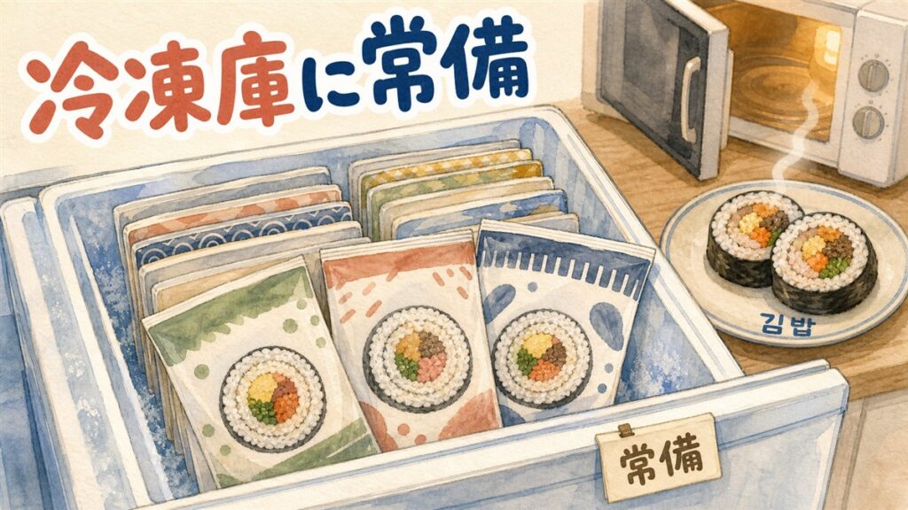 冷凍庫の引き出しにキンパの冷凍パックが立てて整列し、奥の電子レンジの横に断面を上にした韓国風海苔巻きの皿が置かれている様子