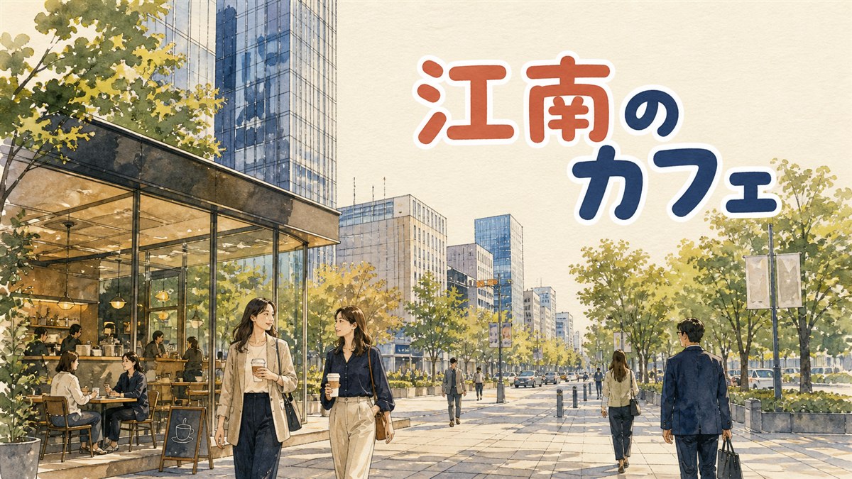 江南のカフェ街を地図で見渡すイメージ図