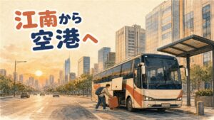 早朝の江南の通りでスーツケースを引いてタクシーを待つ旅行者の後ろ姿