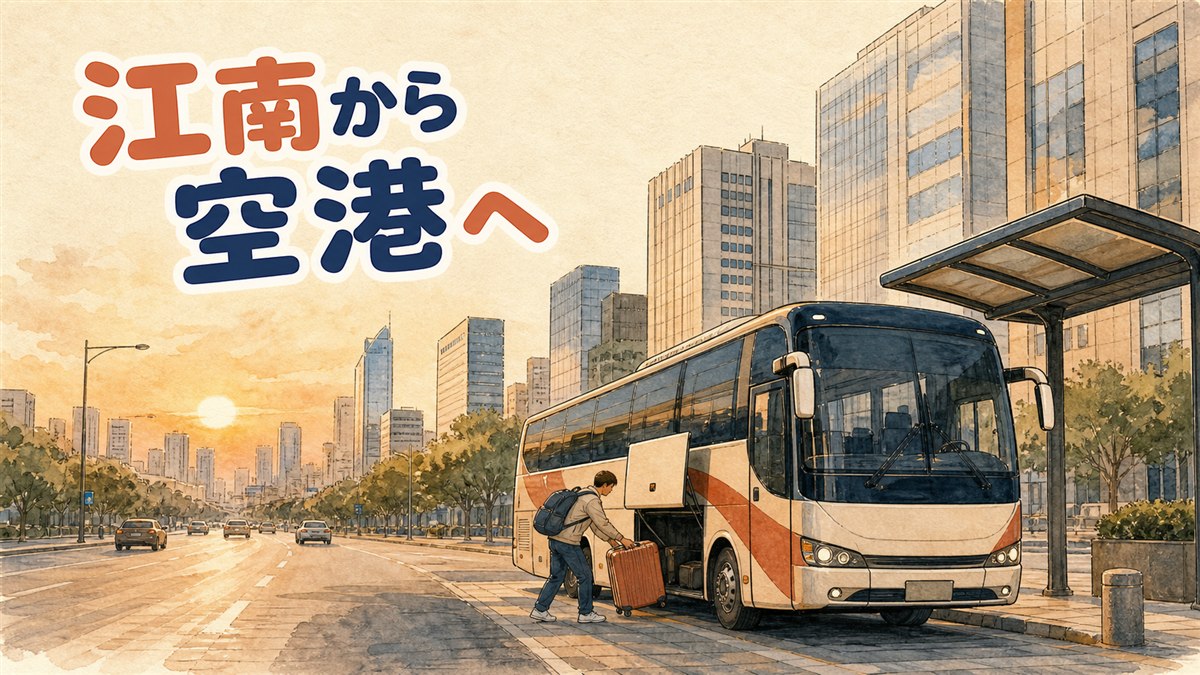 早朝の江南の通りでスーツケースを引いてタクシーを待つ旅行者の後ろ姿