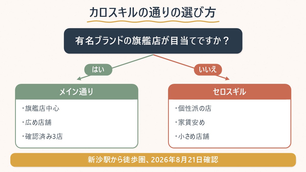 有名ブランドの旗艦店を探しているならメイン通り、個性的な小さな店を探しているならセロスギルという、カロスキルの通りの選び方を示した図