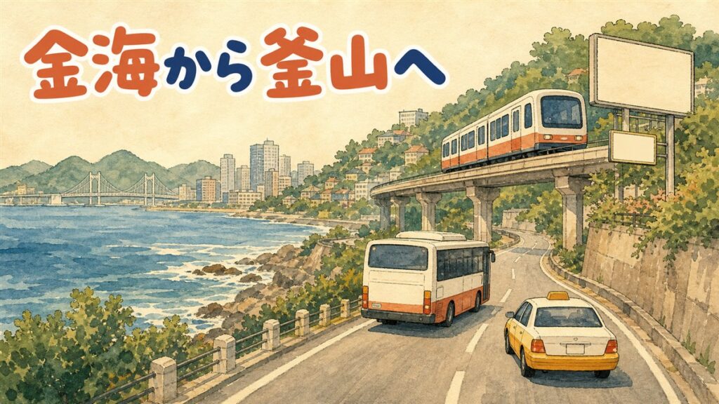 金海空港から釜山市内へのアクセスのイメージ。海沿いの道路の上を高架の軽電鉄が走り、下の道をバスとタクシーが走っている