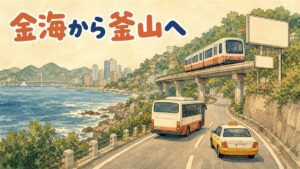 金海空港から釜山市内へのアクセスのイメージ。海沿いの道路の上を高架の軽電鉄が走り、下の道をバスとタクシーが走っている