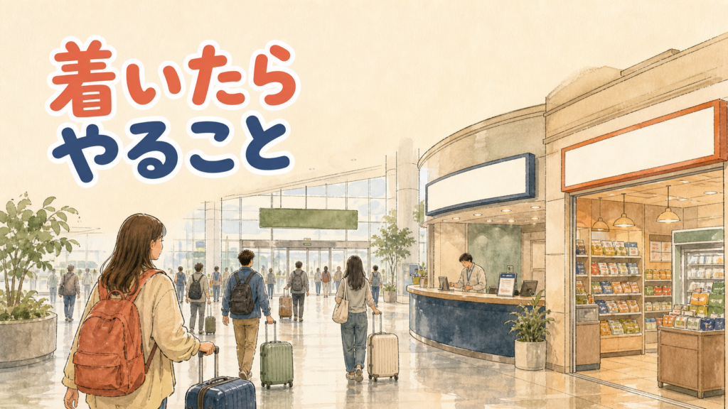 金浦国際空港の到着ロビーでキャリーケースを引いて市内へ向かう旅行者