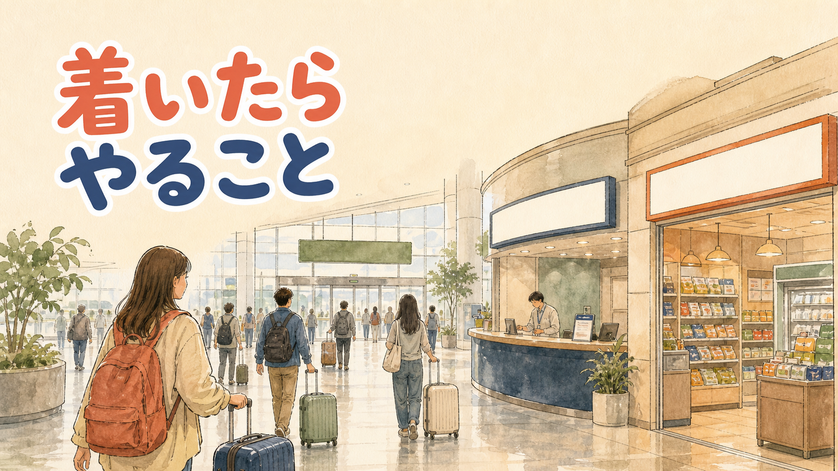 金浦国際空港の到着ロビーでキャリーケースを引いて市内へ向かう旅行者