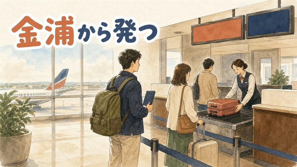 金浦空港の国際線出発ロビーでスーツケースを引く旅行者たちのイメージ