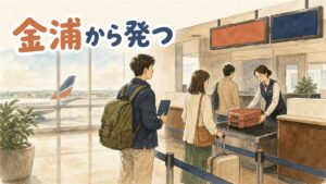 金浦空港の国際線出発ロビーでスーツケースを引く旅行者たちのイメージ