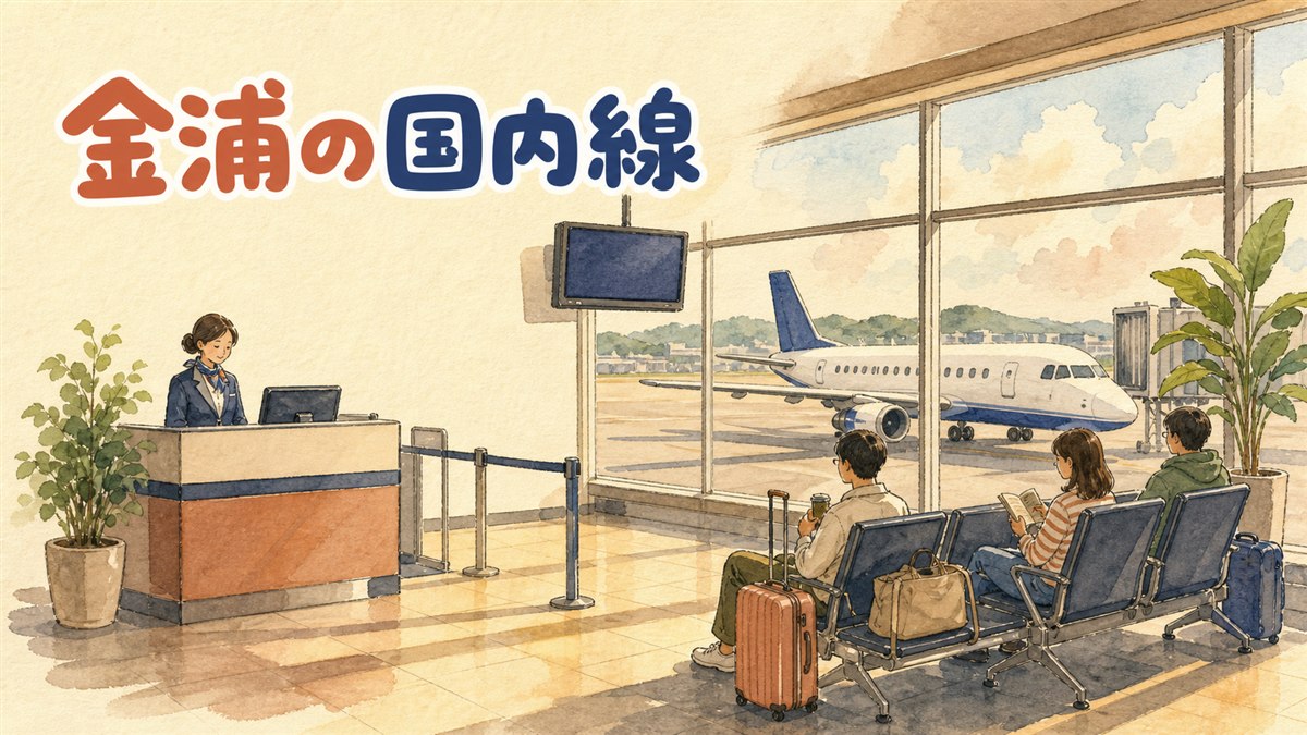 金浦空港の国内線ターミナルの外観と、済州行きの案内表示を見上げる旅行者