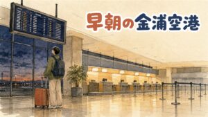 早朝、金浦空港の出発ロビーでスーツケースを引きながら搭乗手続きへ向かう旅行者