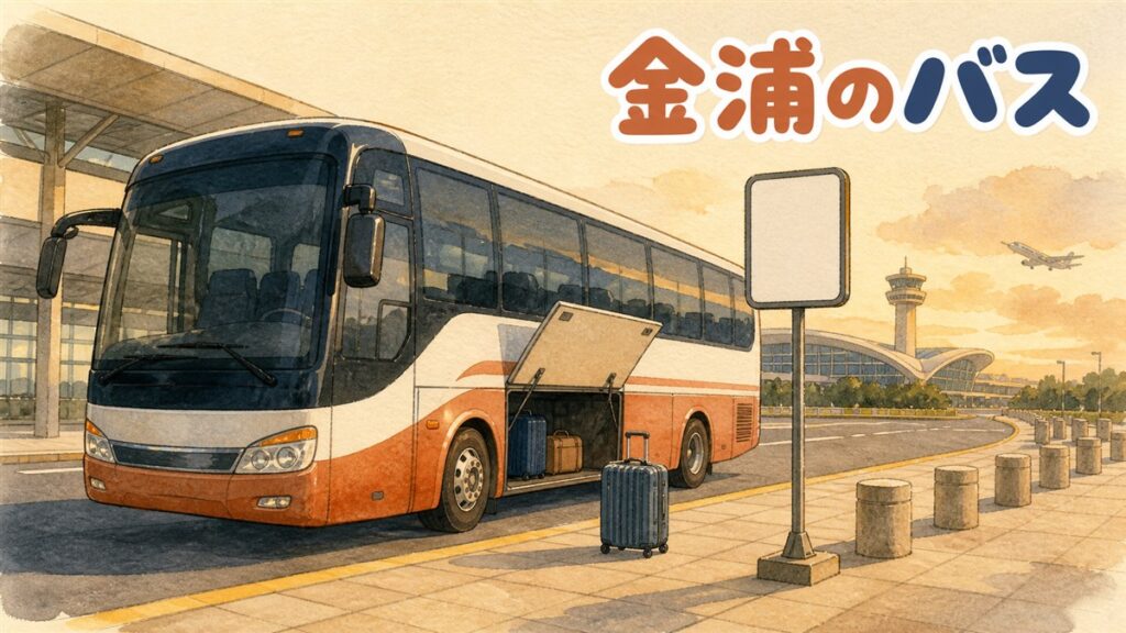 金浦空港のリムジンバスのイメージ。空港の乗り場に長距離バスが停まり、荷物用ハッチが開いてスーツケースが1つ置かれている