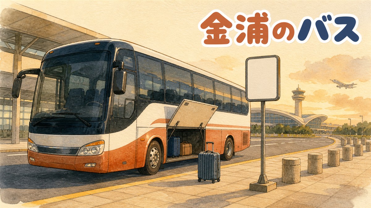 金浦空港のリムジンバスのイメージ。空港の乗り場に長距離バスが停まり、荷物用ハッチが開いてスーツケースが1つ置かれている
